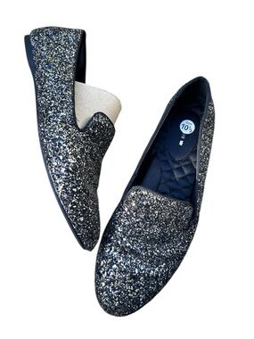 Birdies Glitter Loafers Slip On Flats Black Silver Sparkle Size 10.5